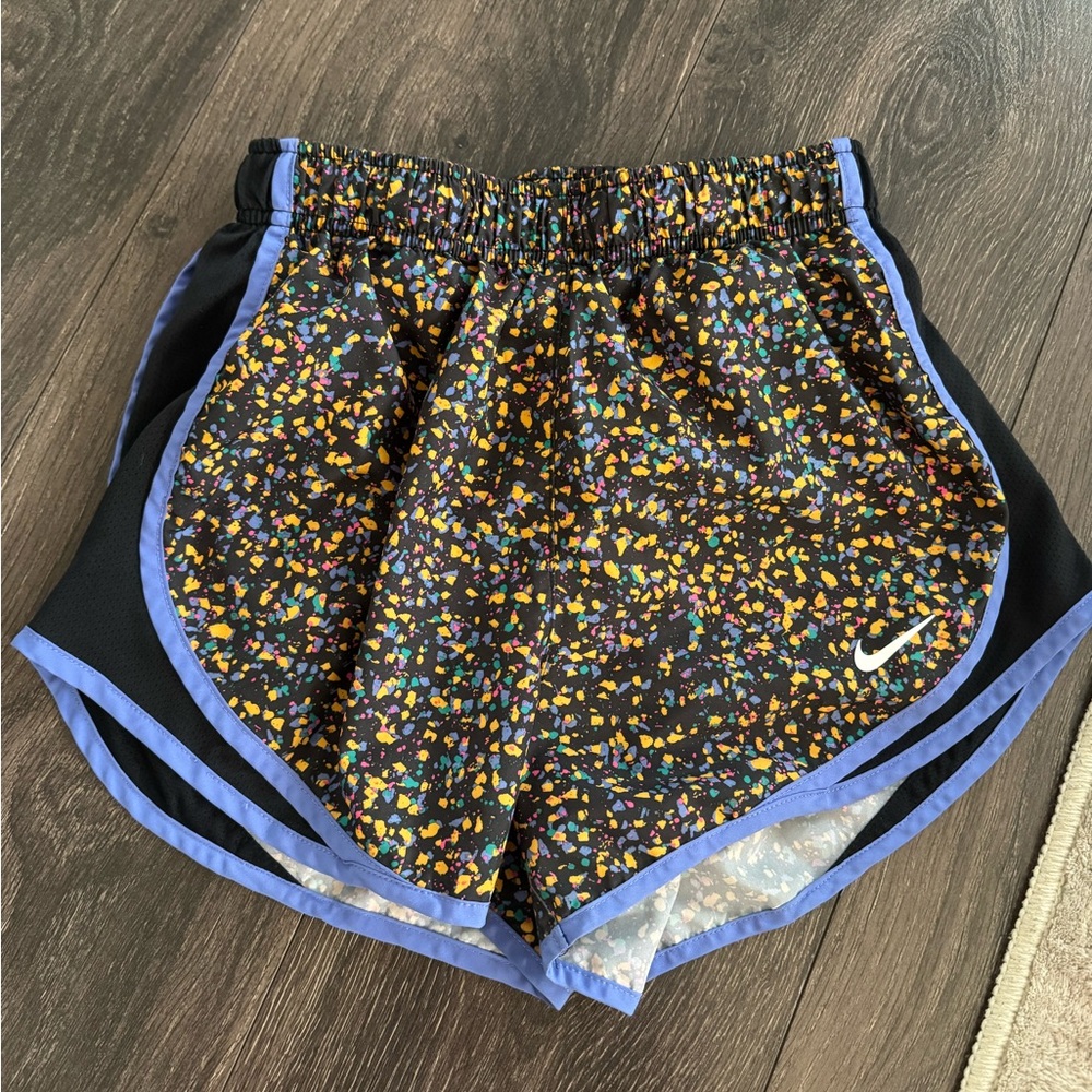 Nike Women's Black and Blue Patterned Athletic Shorts